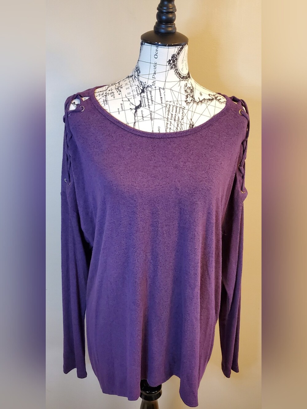 Cato XL Purple Cold Shoulder Lace Up Sweater Knit Top Long Sleeve Boho